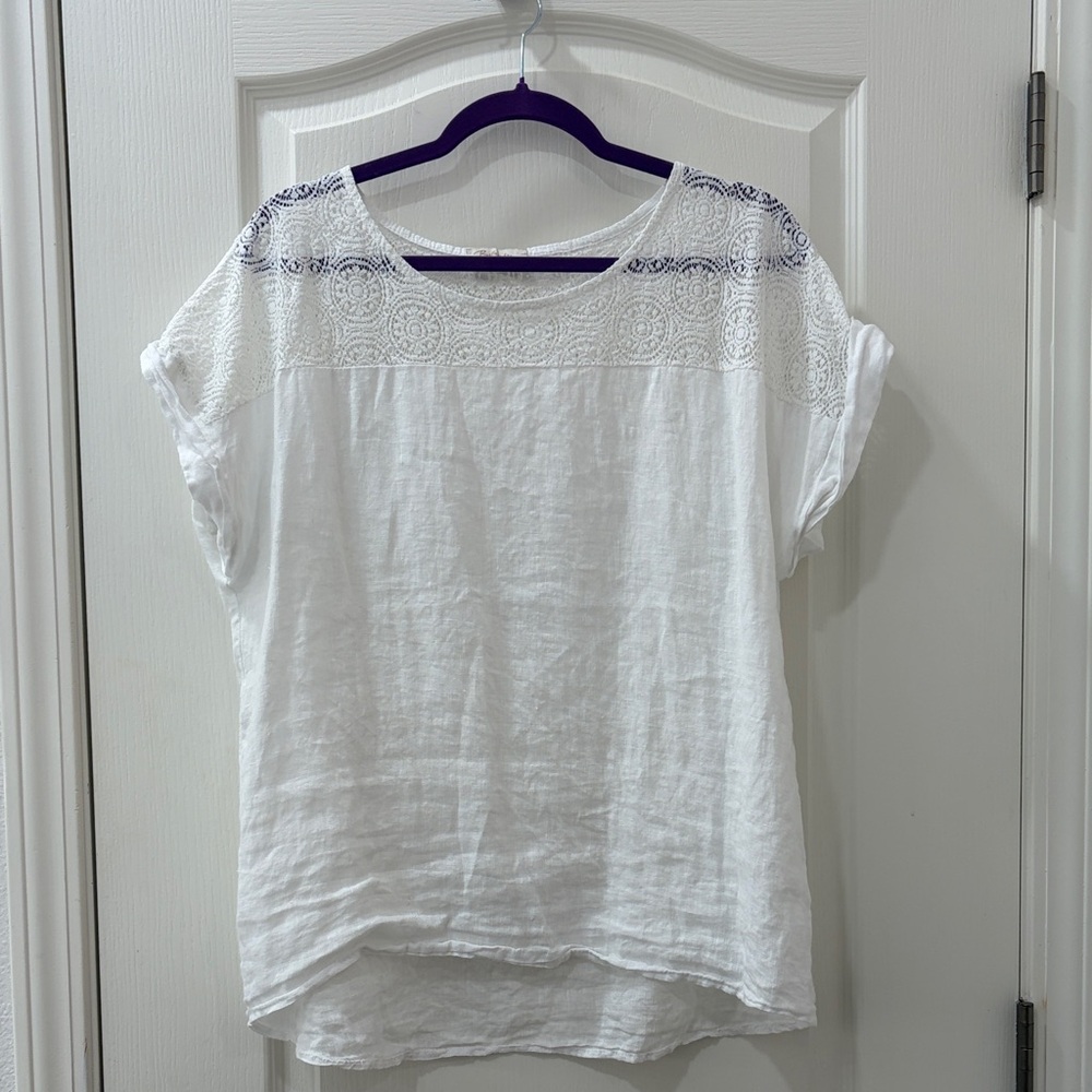 White Lace-Yoke Short Sleeve Blouse - Casual linen Top